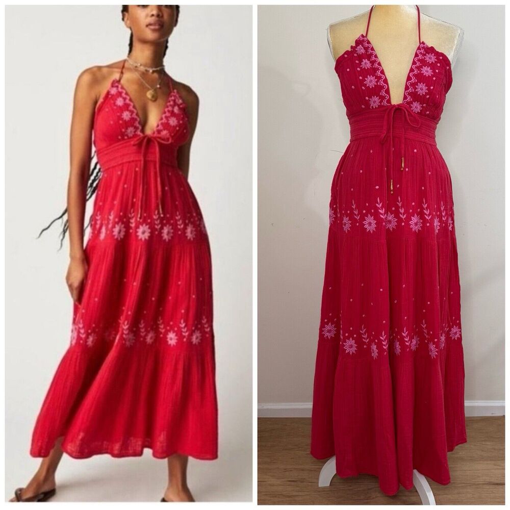 Free People Real Love Embroidered Maxi Dress Size S Cranberry Juice Combo
